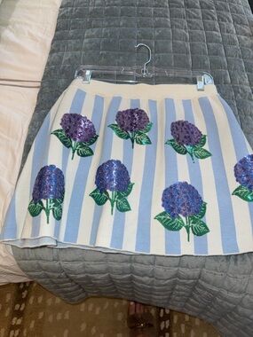 QUEEN OF SPARKLES Blue & White Striped Hydrangea Sequin Mini Skirt